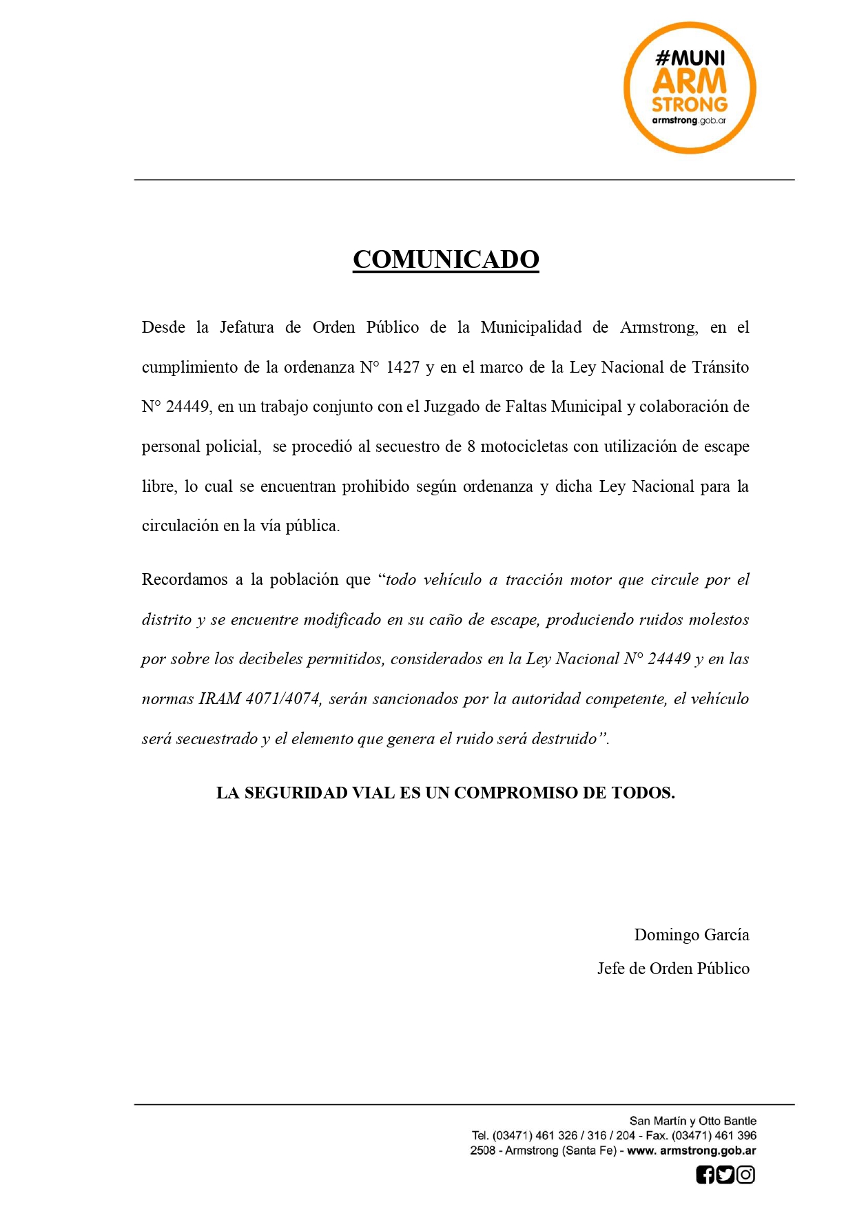 Comunicado Secuestro de motos 14 de febrero